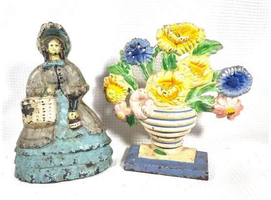 Lot Two Antique Cast Iron Doorstops Vase Of Flowers & Lady In Bonnet
