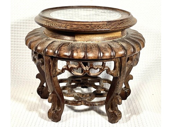 Contemporary Chinese Teak Wood Carved Small Stand W Marble Top