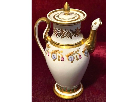 Large Antique Napoleonic Hand Patined Porcelain Coffee Pot W Lion Head