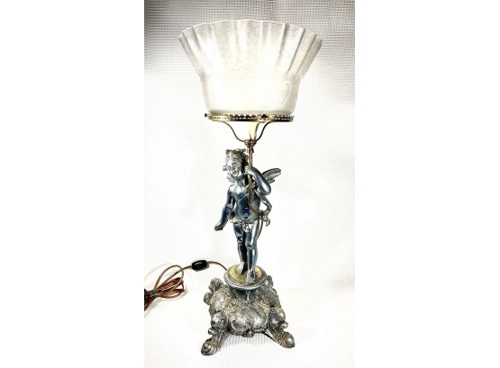 Antique Victorian Plated Spelter Table Lamp Figural Cherub W Glass Shade