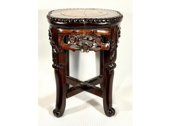 Vintage Chinese Hand Carved Rosewood Stand W Marble Top (cracked)
