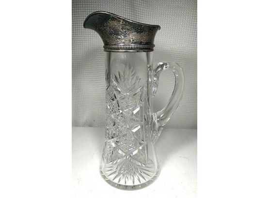 Tall Gorham Sterling Silver Collared Brilliant Cut Glass Pitcher