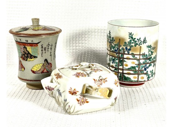 Lot Three Antique Japanese Signed Porcelain Cups & Small Teapot
