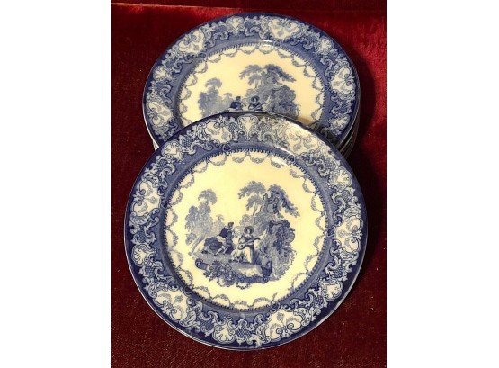 11 Royal Doulton Flow Blue 'Watteau' Pattern Large Flat Rim Soup Bowls