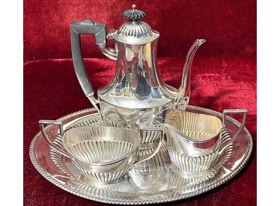 English Silver Plate EPNS Reeded Three Piece Tea Set With Oval Tray