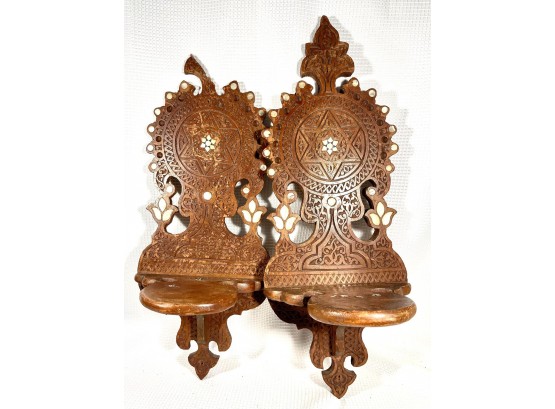 Antique Carved Wood Inlaid Middle Eastern Wall Sconce Bracket Shelves As/is