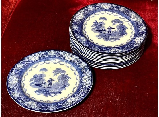 12 Royal Doulton 'Watteau' Flow Blue Dessert Plates