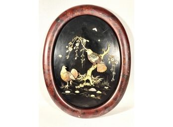 Antique Japanese Hand Carved Mother Of Pearl Bone Inlay Lacquer Wall Plaque