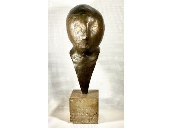 Large Contemporary Mid Century Cast Bronze Bust On Poured Cement Base
