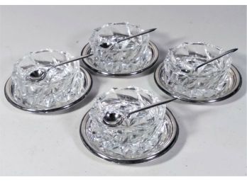 Four International Sterling Silver & Crystal Salt Cellars W Liners & Spoons