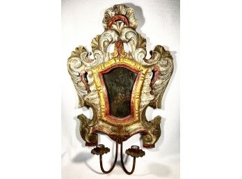 Antique Carved Polychrome Wood Wall Mirror Candle Sconce Italian