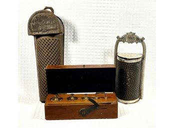 Lot Two Antique Nutmeg Graters & Wood Boxed Weights