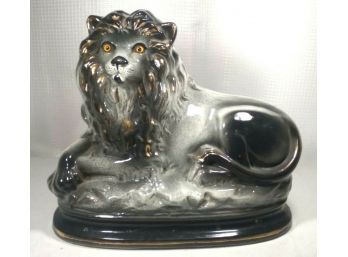Staffordshire Large Ceramic Recumbent Lion W Glass Eyes Figure On Base