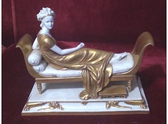 GREAT Mme. Recamier Figurine Gold White Porcelain Woman On Sofa Sitzendorf
