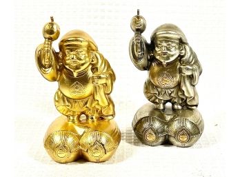 Two Vintage Gilt And Silver Japanese Figures Gods Signed