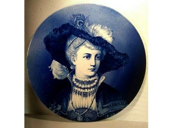 Very Large Villeroy & Bach Mettlach Blue White Wall Plaque Woman In Large Hat