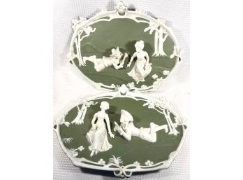 Pair Large Porcelain Jasper Ware Relief Wall Plaques Courting Couple