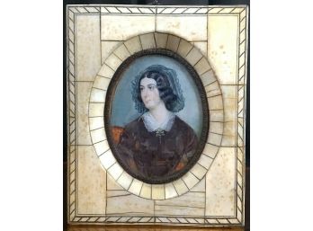 Antique Continental Miniature Painting Of Woman In Burgundy Dress