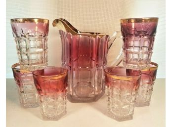 Northwood Signed EAPG Cranberry Flash Pitcher & 6 Tumblers W Gold Gilding
