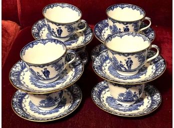 8 Royal Doulton Blue White Gold Trimmed Bone China Cups & Saucers Watteau