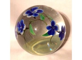 Signed Petru Rusu Art Glass Paperweight With Blue Flowers 1987