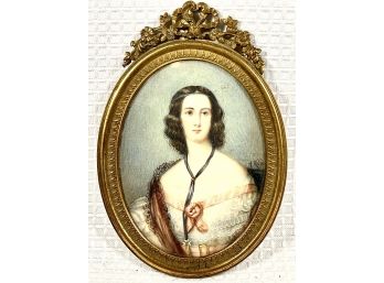 Antique French Hand Painted Miniature Portrait Woman In Dress Fancy Brass Frame