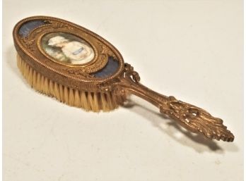 Antique French Gilt Bronze Guilloche Enamel Miniature Portrait Hand Held Brush