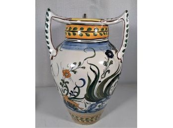 Large Continental Faience Pottery Three Handled Vase W Animals Signed