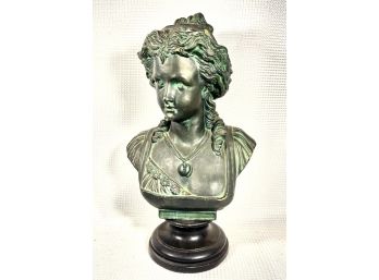 Antique Victorian Bronze Finished Terra Cotta Bust Of Neoclassical Woman