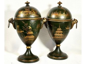 Pair Antique Chinoiserie French Lidded Mantle Jars Lacquer Tole Ware