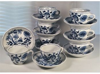 8 Hutschenreuther Blue Onion Porcelain Blue White Cups & Saucers