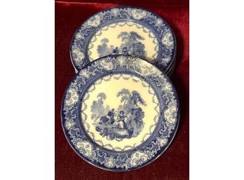 11 Royal Doulton Flow Blue 'Watteau' Pattern Large Flat Rim Soup Bowls