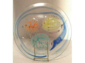 Frances Higgins 1950s Early Hand Signed Fused Glass Plate W Fish