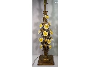 Italian Gilt Toleware Tole Porcelain Yellow Rose Gilt Wood Table Lamp