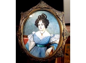 Antique Miniature Portrait Painting Woman W Blue Dress Filigree Brass Frame