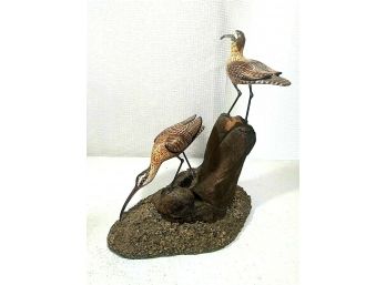 Antique Hand Painted Carved Wood Decoy Shore Birds On Gravel Signed WHE