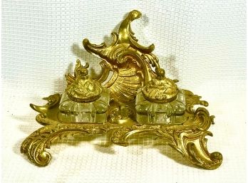 Victorian Inkwell Stand Gilt Brass Glass Inserts French Style