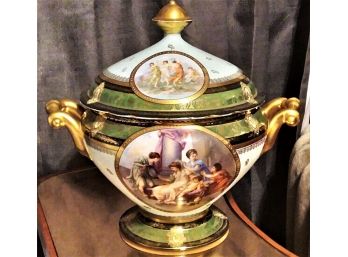 Large Fine Antique Royal Vienna Hand Painted Tureen W Lots Of Gold Enamel Beads