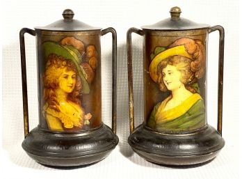 Pair Antique English Lithographed Tole Tin Victorian Biscuit Tins Urns Portraits