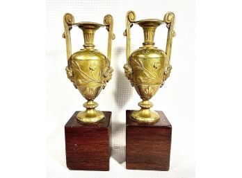 Pair Antique French Gilt Bronze Small Table Urns On Wood Plinths