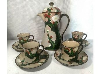 Rare Signed Antique Oribe Green Glazed Pottery Chocolate Set Teapot Cups Saucers