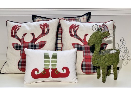 Holiday Pillows & Reindeer Topiary Planter