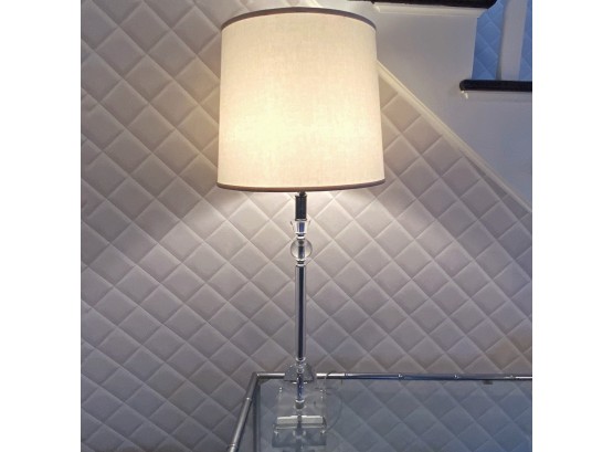 Tall Lucite Lamp With Linen Barrel Shade