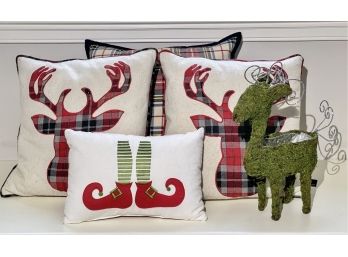Holiday Pillows & Reindeer Topiary Planter