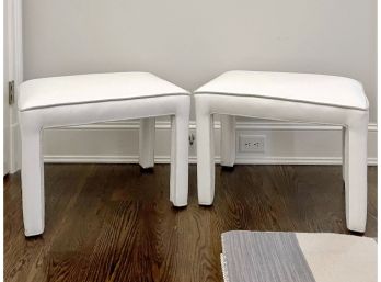 White Upholstered Stool Trimmed In Gray Piping