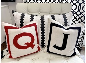 Q  And J Alphabet Pillows And Blue & White Zig Zag Pillow