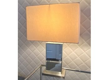 Rectangular Mirror Based Lamp With A Cream Colored Rectangular Linen Shade