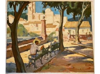 Oil On Canvas, Man Seated On A Park Bench