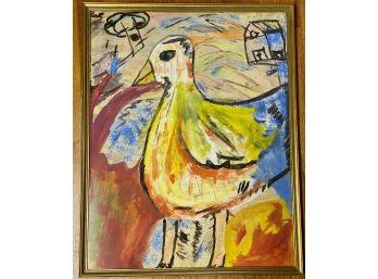 Large Colorful Tempera Painting Of A Chicken