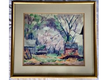 Carl Linden, Watercolor, Buildings In The Woods, Framed